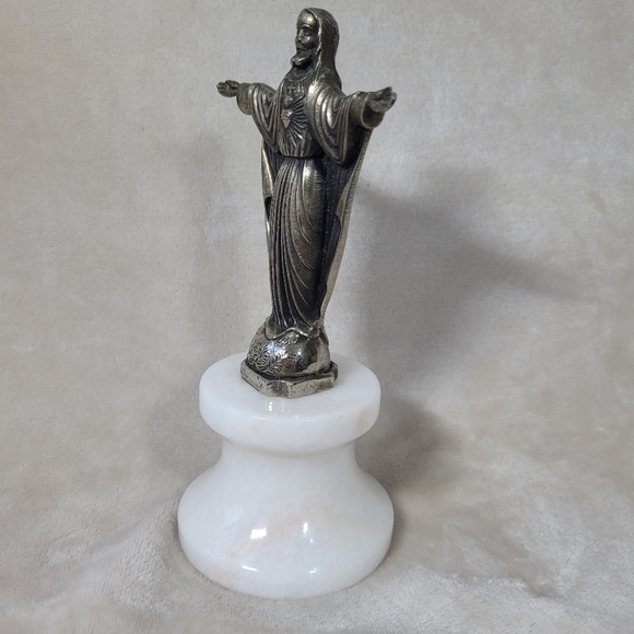Sacred Heart Of Jesus Brass Statue Figurine Religious Decor Idol Marble Base - Picture 4 of 8